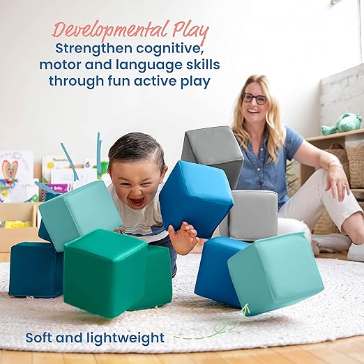 ECR4Kids SoftZone Patchwork Toddler Blocks, Foam Cubes, Contemporary, 12-Piece