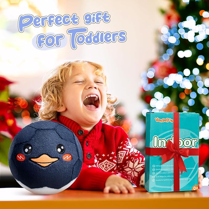 VangeBow Silent Indoor Soccer Balls for Toddlers, Inflatable Soft Plush Baby Toddler Soccer Ball Toys Gifts for 0+Year Old Boy Girl First Birthday Gift (Black Penguin, Pump Include)