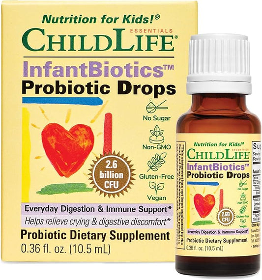 CHILDLIFE ESSENTIALS InfantBiotics - Baby Probiotic Drops, Infant Probiotic, Toddler Probiotic, Baby Constipation Relief, Gas Drops for Newborns, Gastrointestinal Health, Vegan, Non-GMO - 0.36 Fl Oz