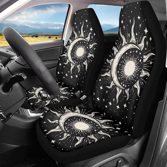 Gothic Sun Moon Car Seat Covers 2 Pcs, Waterproof Universal Front Seat Protector, Easy to Install Automobile Interior Decorate Accessories Universal Fit for Car SUV Trucks