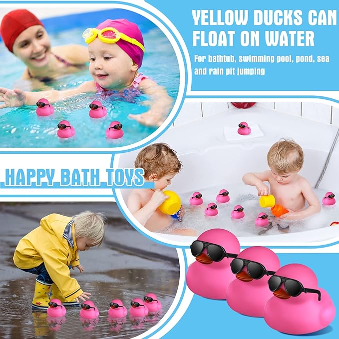 Chivao 12 Pcs Rubber Ducks with 12 Sunglasses/ Hats/ Headwear Small Mini Carnival Cruise Birthday Rubber Duckies Bathtub Toys in Bulk(Fresh Style,Black, Pink)