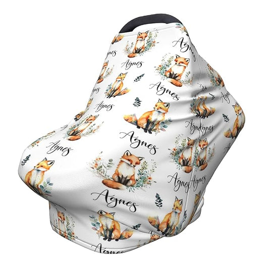 Personalized Fox Baby Car Seat Cover with Name,Multi-Use Canopy for Nursing, Strollers,Shopping Carts,Customized Breastfeeding Cover, Full Privacy,Infant Stroller Cover