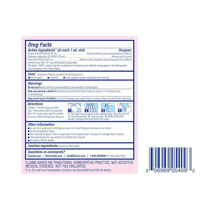 Boiron Camilia Teething Drops for Daytime and Nighttime Relief of Painful or Swollen Gums and Irritability in Babies - 30 Count