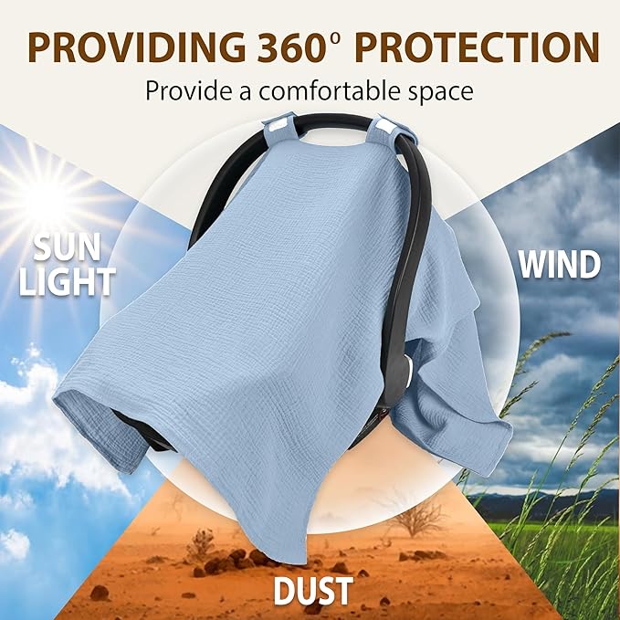 100% Organic Muslin Cotton Car Seat Cover 35 x 50 Inches Soft Touch Breathable Canopy, Protective Car Seat Cover Baby All Seasons Lightweight Car Seat Cover Travel Comfort (Blue)