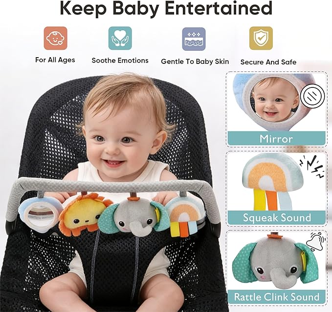 TinlyFinly Baby Bouncer Toy Bar Soft with 4 Hanging Sensory Toys Attachment, Compatible with Baby Bjorn Bouncer, with Mirror, Rattle, Crinkle Sound for Babies All Ages (Colorful Animals)