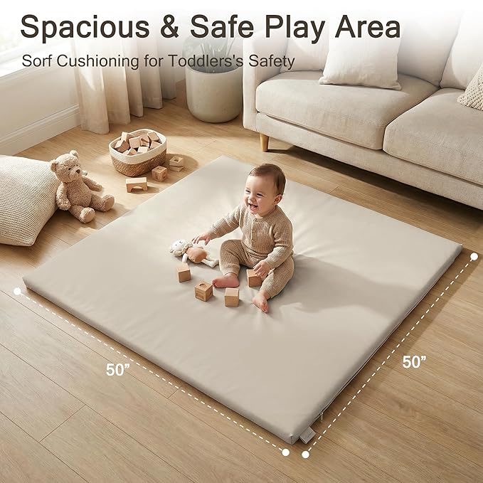 Vegan Leather Baby Play Mat, 50x50 Thicken Foam Play Mat for Infants and Toddlers, Padded & Cushioned Playpen Mat for 50x50 Playpens, 1.2" Thick, Grey