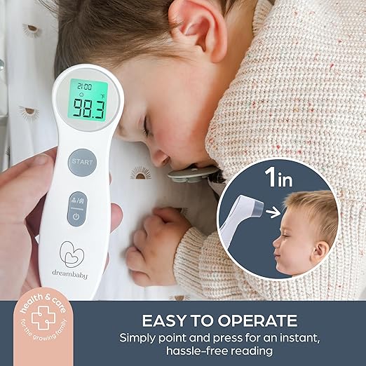 Dreambaby Infrared Forehead Thermometer, No Contact, Digital Display, Memory Storage and Fever Alerts, for Adults and Kids, Includes Batteries