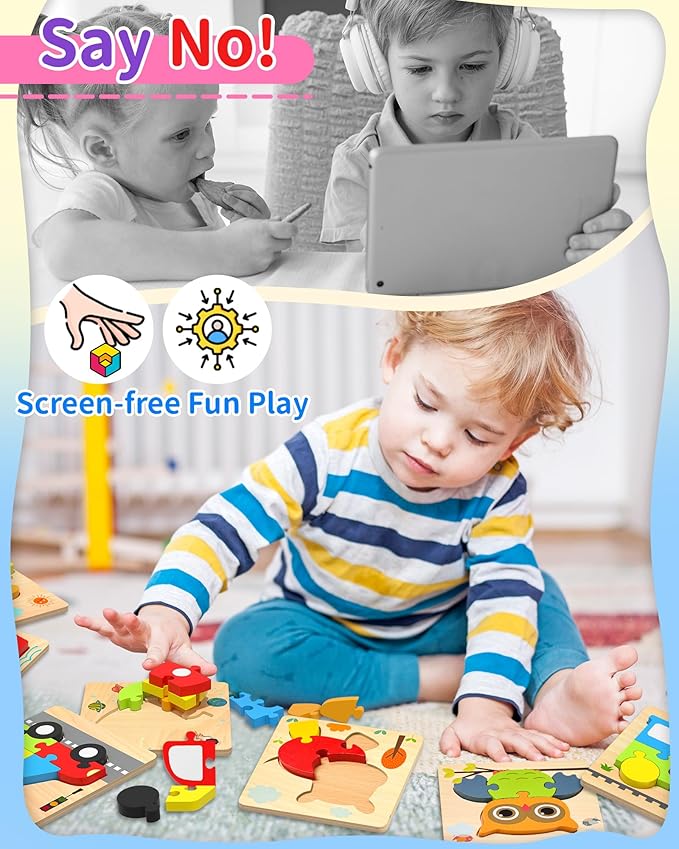 Wooden Puzzles Toddler Toys for Boys Girls, 12 Vehicle Shape Learning Educational Blocks Birthday Gifts Sensory Toy Montessori Toys