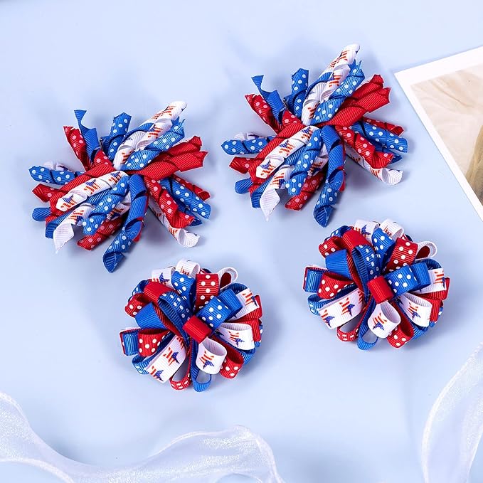 July 4th Korker Hair Bow Clip 3'' Kids Patriotic Curly Corker Fireworks Cheer Bow Alligator Barrettes Toddler Baby Girls Independence Day Christmas Party Favor Gift Accessories