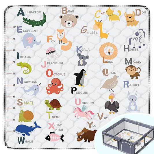 Baby Play Mat，Thick Soft 47" X 47" Playpen mat, Non-Slip and Machine Washable Baby Play Mats for Floor，Crawling Mat for Babies, Toddlers & Infants to Play and Learn (Animal Alphabet-A)