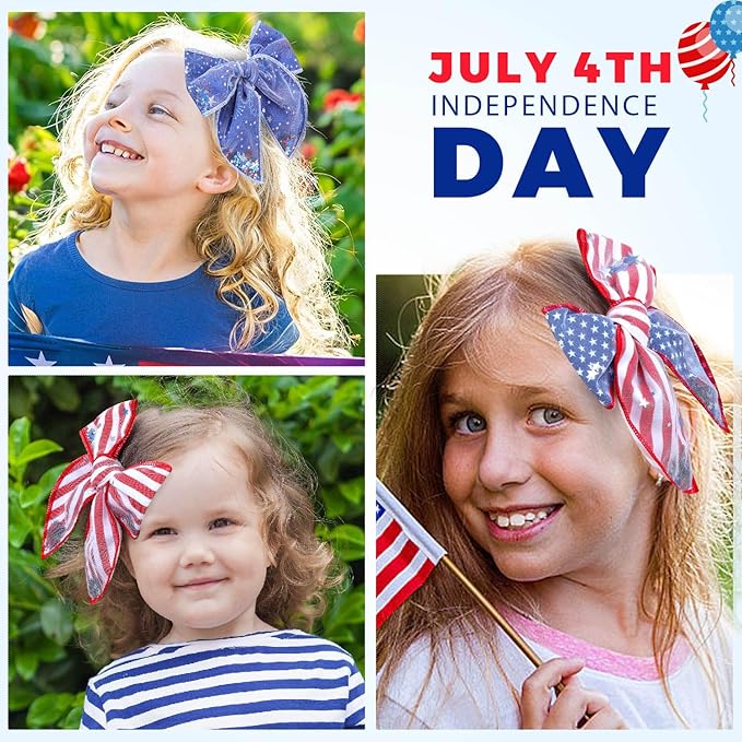 CN 6PCS 4th of July Tulle Hair Bows for Girls, American Flag Bows, Blue Red Stripes Hair Accessories Clips with Glitter Patriotic Stars Alligator Toddler Girls for Independence Day (Type I)