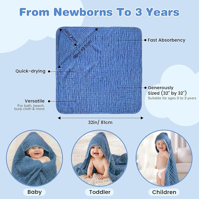 Hooded Baby Bath Towels for Newborn, 2 Pack - 6-Layer 100% Muslin Cotton, Soft Absorbent Baby Towels with Hood for Babies, Infants & Toddlers, Large 32x32 Inch Unisex Newborn Baby Bath Essentials