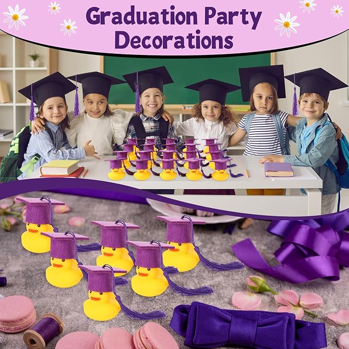 Jerify 48 Pcs Graduation Rubber Ducks with Grad Cap 2026 Diploma Grad Rubber Duck Graduation Party Bath Pool with Storage Bag for Student Gifts Party Favor(Purple)