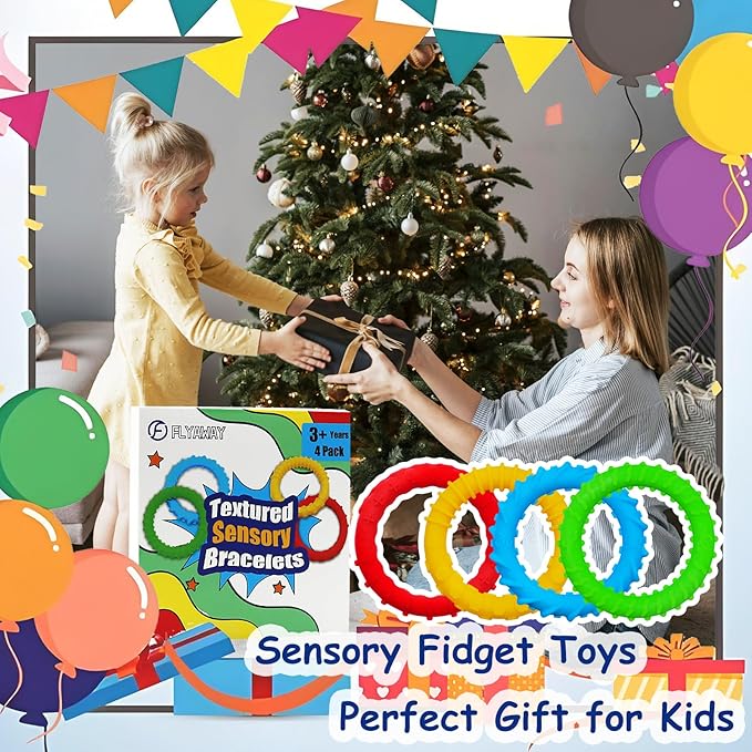 Flyaway Fidget Bracelet for Kids 4 Pack, Chew Bracelet for Sensory Kids Toddler with Autism ADHD Anxiety Texture Silicone, Oral Motor Aids Sensory Chew Toys for Children Adults Chewing Fidgeting