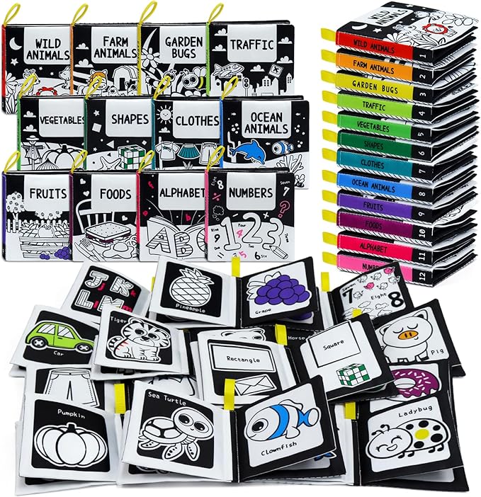 OKOOKO 12PCS Soft Baby Books Black and White High Contrast Soft Cloth Bath Books Crinkle Washable Non-Toxic Early Education Preschool Learning Toy for Newborns Babies Infants Toddlers Kids