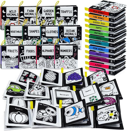 OKOOKO 12PCS Soft Baby Books Black and White High Contrast Soft Cloth Bath Books Crinkle Washable Non-Toxic Early Education Preschool Learning Toy for Newborns Babies Infants Toddlers Kids