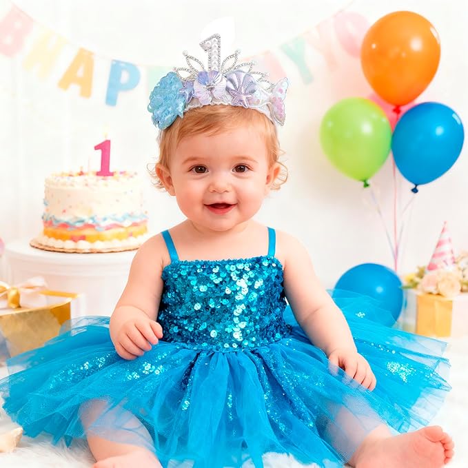cherrboll Baby Girl Birthday Crown Floral Headband, Soft Flower Head Wrap Tiara Hairband for 1-3 Years Old Toddlers Kids First 1st Birthday Party Dress Photo Decoration