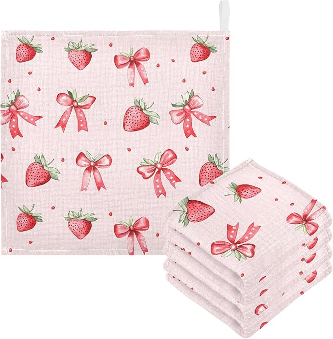 Washcloths Set Bathroom Kitchen Wash Cloths Face Towels Wipes Strawberry Bows Cute Decorative 12x12 Inch 5 Pack