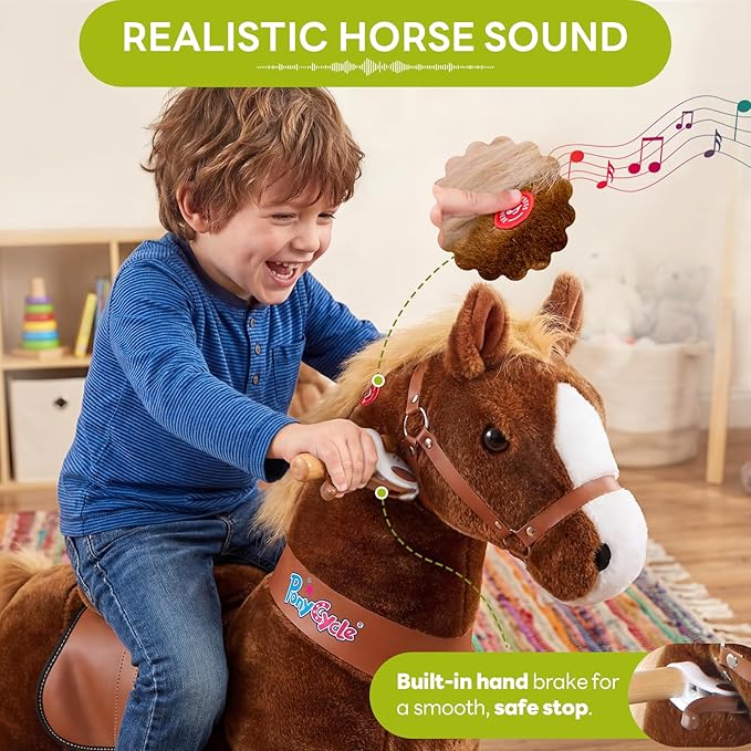 PonyCycle Ride on Horse Pony Kids Ride on Toys Classic Model U (with Brake/ 36" Height/Size 4 for Age 4-7) Riding Horse Walking Horse Toy Plush Brown Ux424