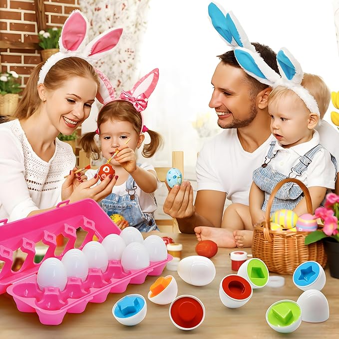 MOONTOY Montessori Matching Egg, 12PCS Color & Shape Recognition Toy for Toddler 1-3, Educational Learning Eggs Toy with Pink Storage Case, Easter Eggs Basket Stuffers Gift for 1 2 3 Year Old Girl Kid
