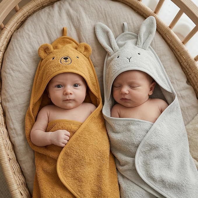 Hooded Baby Towels - 100% Organic Cotton Baby Bath Towels, 32" x 32" Super-Soft and Absorbent Baby Towels for Newborn 2-Pack (Grey/Yellow)