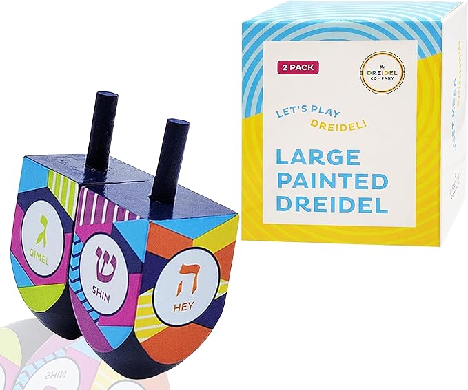 The Dreidel Company Extra Large Hand Painted Wood Hanukkah Dreidels, 2-Pack Retro Dreidel Design