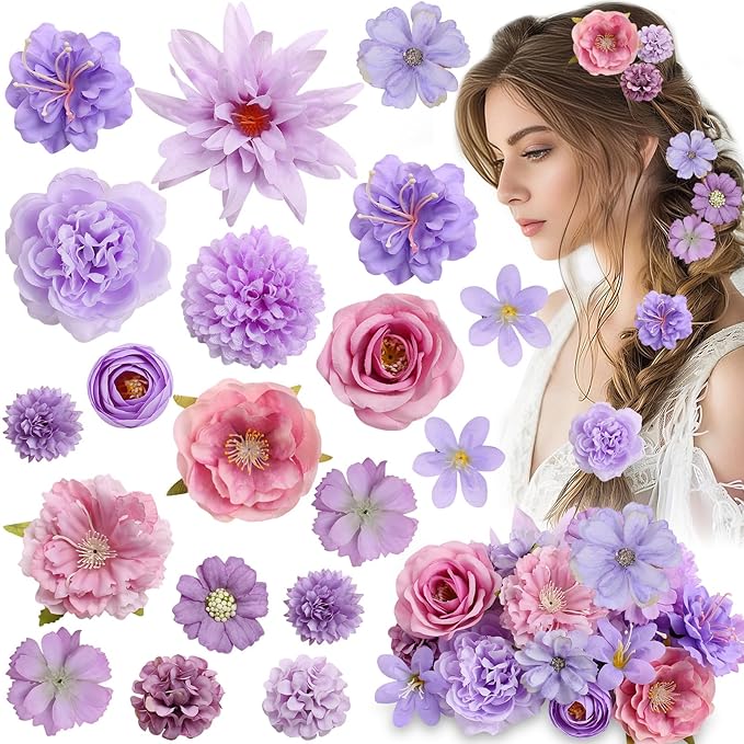 Leery 20 PCS Boho Flower Hair Clips for Women - Rose Hair Barrettes, Wedding Hairpins, Bridal Headpiece, Hawaiian Silk Floral Clips (Light purple)