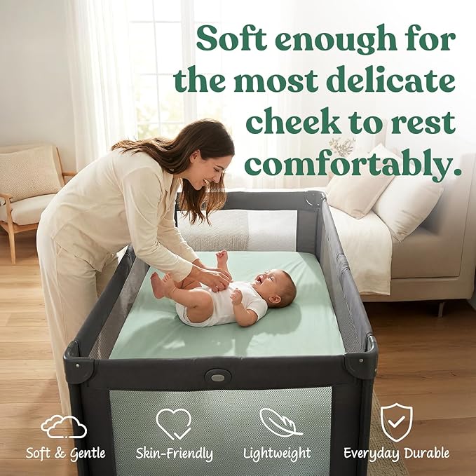 Graco Pack n Play Sheets, Soft Fitted Playard Sheets with Secure Fit, Fit Standard 27" × 39" Playard Mattresses, Breathable & Gentle on Sensitive Skin, 2-Pack (Sage & Dusty Blue)