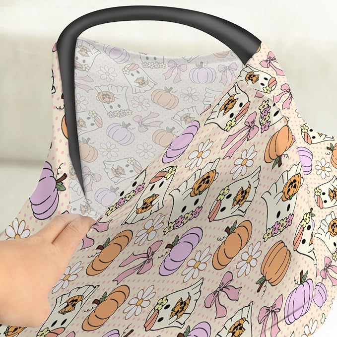 Cute Pumpkins Bows Flowers Baby Car Seat Covers Spooky Halloween Stretchy 5-in-1 Cover Adjustable Car Canopy Breastfeeding Cover Fall Autumn Floral Breathable Nursing Cover-Up