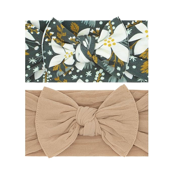 Baby Bling Bows - Newborn to Little Baby Girl Bows, 2PK PRINT SOLID KNOTS Nylon Super Soft Stretchy Toddler Headbands, Perfect Hair Accessories Head Bands for Infant Kids (Winter Garden & Oak)