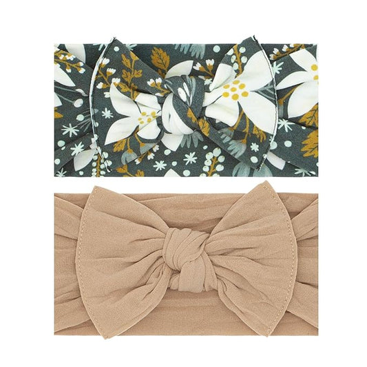 Baby Bling Bows - Newborn to Little Baby Girl Bows, 2PK PRINT SOLID KNOTS Nylon Super Soft Stretchy Toddler Headbands, Perfect Hair Accessories Head Bands for Infant Kids (Winter Garden & Oak)