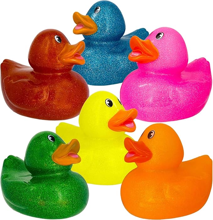 The Dreidel Company Giant Glitter Rubber Duck Toy with Sound Assortment Duckies for Kids, Bath Birthday Gifts Baby Showers Summer Beach and Pool Activity, 6" (6-Pack)