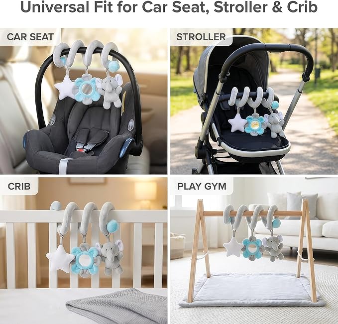 Car Seat Toys Spiral Hanging Elephant, Baby 0-6-12 Months Newborn, Carseat Hanging for Stroller Toys & Crib Hanging, with Rattle BB Squeaker Mirror, Baby Car Seat for Babies Boy Girl
