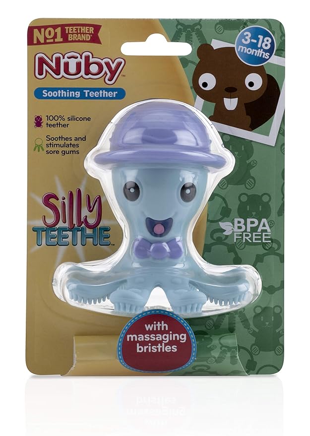 Nuby Silly Silicone Octopus Teethe with Soothing Massaging Bristles for Sore Gums, Pink/Purple