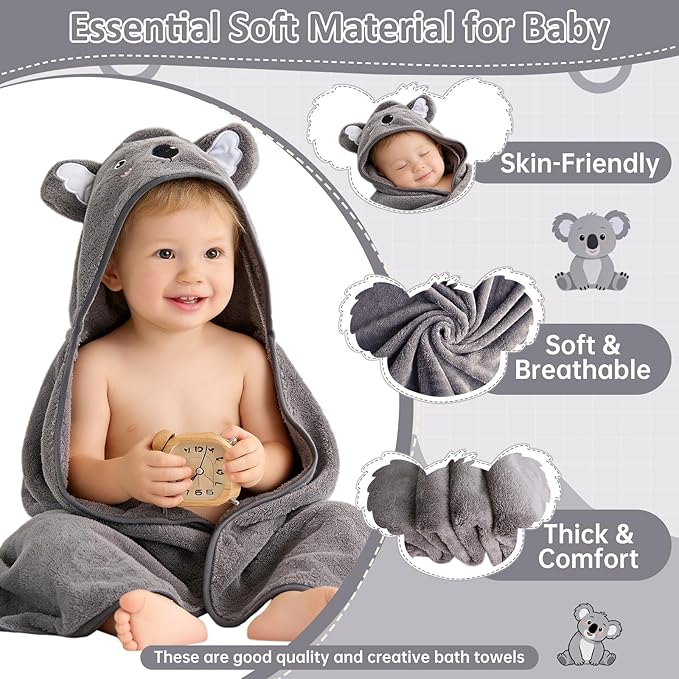 Hooded Baby Towel, Premium Soft Coral Fleece Baby Towel for Baby, Newborns, Toddlers, Infant- Ultra Absorbent, Natural Baby Stuff Towel with Hood for Boys and Girls (Gray Koala)