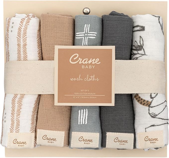 Crane Baby Wash Cloth Set, 100% Cotton, Set of 5, Woodland Animal Theme, Muslin Washcloths for Newborn, Baby Registry Gift