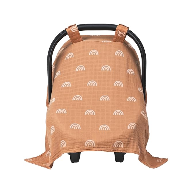 Meracorallo Muslin Baby Car Seat Cover, Boho Rainbow Infant Carrier Cover Lightweight Breathable Soft Carseat Canopy for Baby Boys and Girls