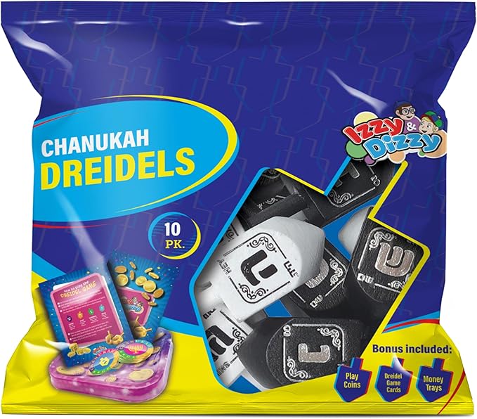 Izzy 'n' Dizzy Hanukkah Dreidels - Black & White Wood Dreidel - 10 Pack Medium - Chanukah Spinning Draidel Game