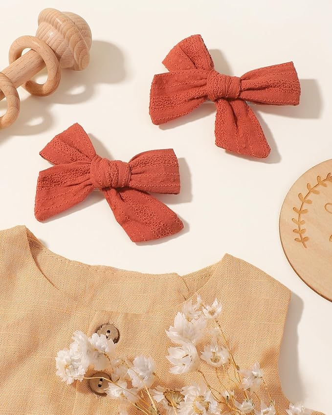 Jollybows 2pcs 3.2" Hair Bows Clips for Baby Girl Christmas Toddler Pigtail Bows Neutral Linen Hair Clip -Brick Red