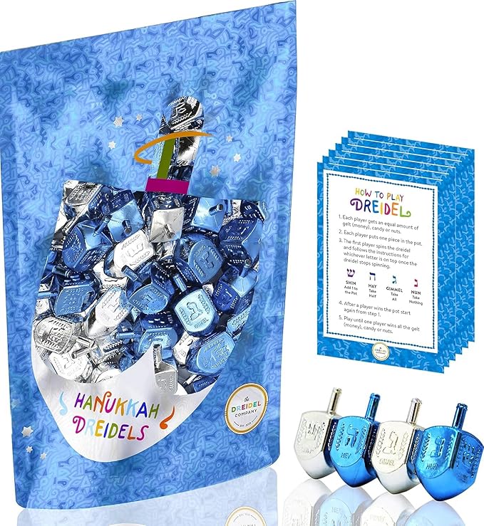 The Dreidel Company 50-Pack Hanukkah Plastic Silver & Blue Metallic Dreidels with English Translation, Spinning Tops Includes Dreidel Game Instruction Card