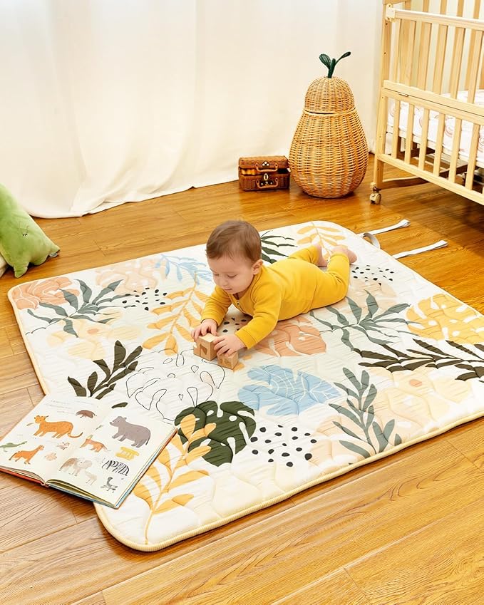 Baby Play Mat for Floor, Portable 50x50 Thickened Foam Playpen Mat, Foldable for Easy to Store, Baby Tummy Time Playmat, Non-Slip, Carring Handle for Outdoor Use(Leaf)
