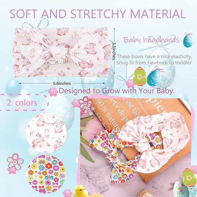 LemonSpace Handmade Bunny Print baby bows Cute Stretchy Hairbands for baby girls,Newborn,Toddler and Children(2 Print Rabbit flower) Colourful