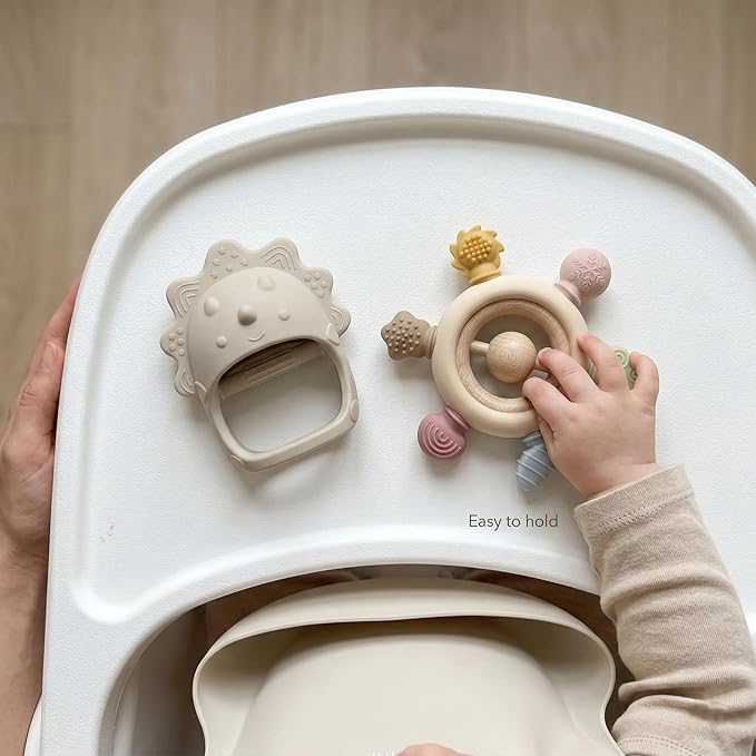 Baby Teething Toys 2 Pack, Dinosaur Mitten Teether and Ring Sun Teether with 6 Chewing Points, Silicone Chew Toys for Infants 0-6 6-12 Months, BPA Free Soothing Gum Relief Set (White)