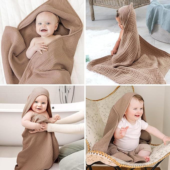 Cinaci 1pc Soft & Absorbent 100% Muslin Cotton Baby Hooded Bath Towel for Baby Girls Boys Newborns Infants Toddlers Kids (Brown)