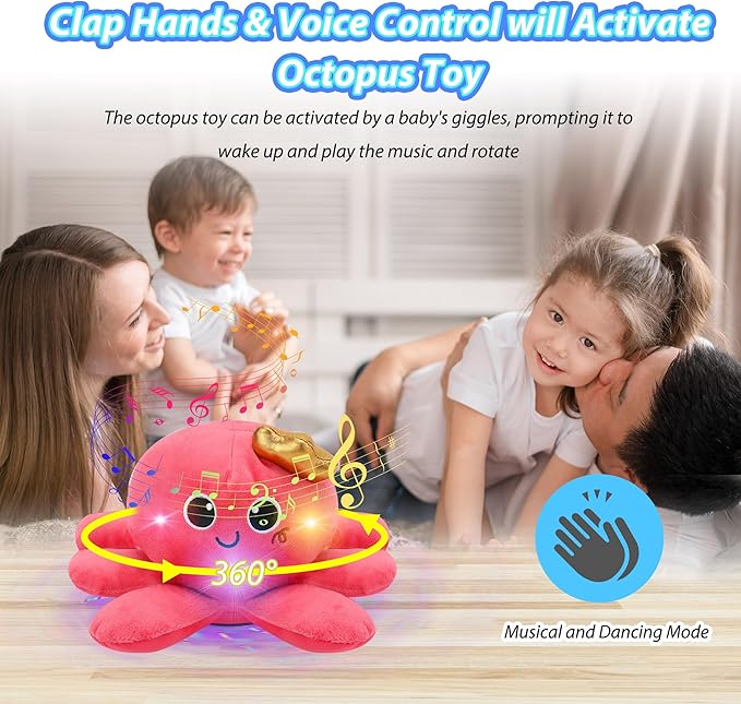 Musical Octopus Baby Toy - Crawling & Rotating Octopus Toy with Recording, Light-Up Voice Control, Clap Hands Awake for 2-6 Year Old Boys and Girls, Tummy Time Sensory Toy