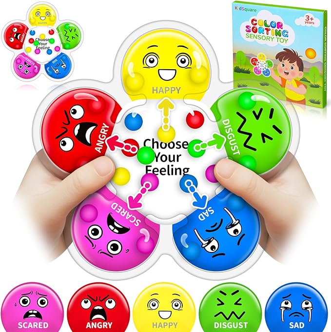 KidSquare Color Sorting Sensory Toys for Kids with Autism, Autistic 5-7, Gifts for Kids, Feelings Wheel Social Emotional Learning Activities, Fine Motor Skills Calming Fidget Toys, Ages 3+