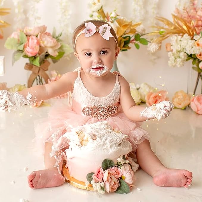 Birthday Girl bow for Baby Girls - 1st Birthday Pink Bow Headdress,Gold Glitter Birthday Bow Headband Flowers,Photo Props