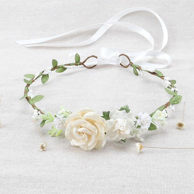 Flower Girl Flower Crown Pink Baby Girls Floral Headpieces Kids Headband Children Hair Wreath Photo Prop (ivory-Child Size)