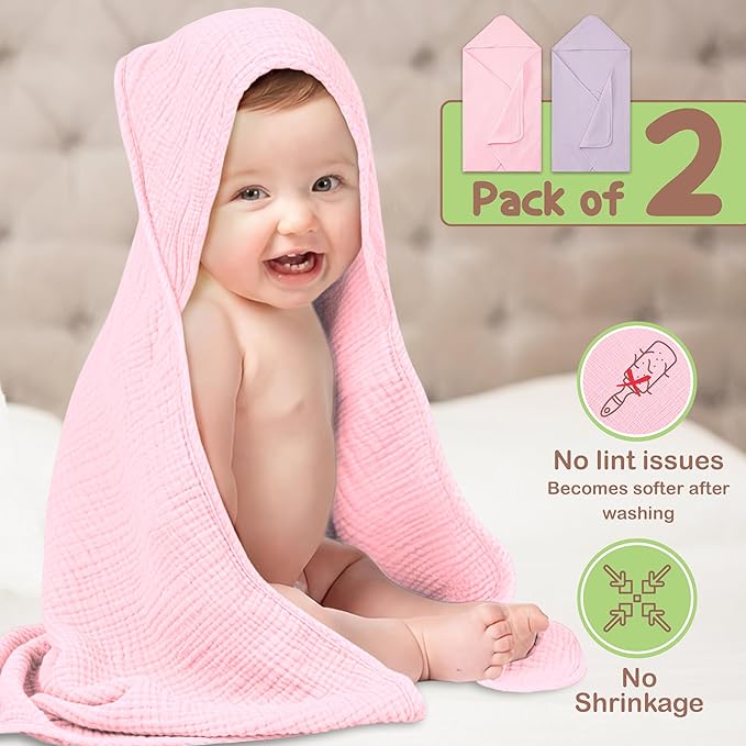 100% Organic Cotton Muslin Baby Hooded Towels - 32x32 Inch, 2 Pack Newborn Bath Towels for Boys & Girls, Soft & Absorbent Bath Set (Light Pink/Light Purple)