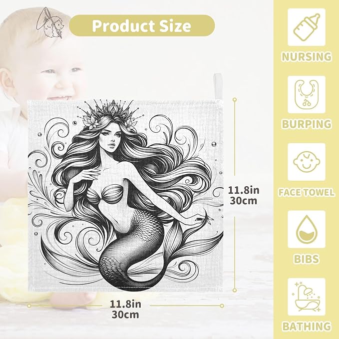 Bolaz Washcloths Set Bathroom Kitchen Wash Cloths Face Towels Wipes Mermaid Sketch Decorative 12x12 Inch 5 Pack
